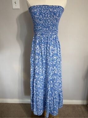 ZESICA Blue Floral Smocked Strapless Boho Maxi Dress